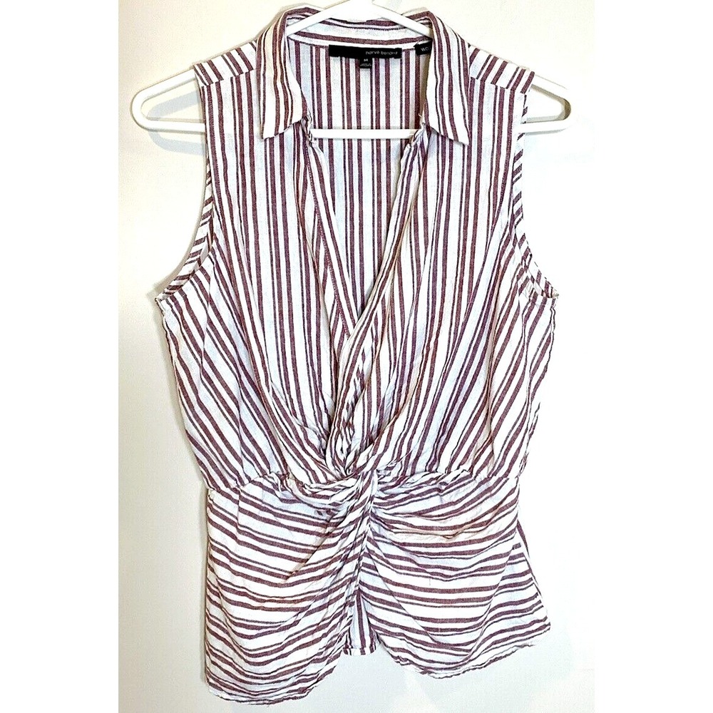 Harve Benard Top Womens Medium Washable Linen/Cotton Sleeveless Stripe Peplum